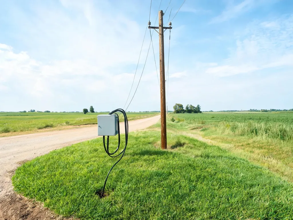 Skrzynka z przyłączem elektrycznym na pustej, zielonej działce na wsi, z widocznym słupem i kablami prądu.
