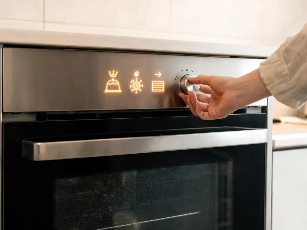 Kobieta ustawia temperaturę na nowoczesnym piekarniku, na panelu świecą się różne symbole i programy pieczenia
