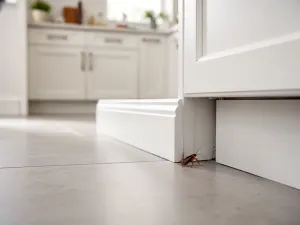 Nowoczesna jadalnia z drewnianym stołem i czterema różnymi krzesłami, pokazująca miks stylów i materiałów w aranżacji.