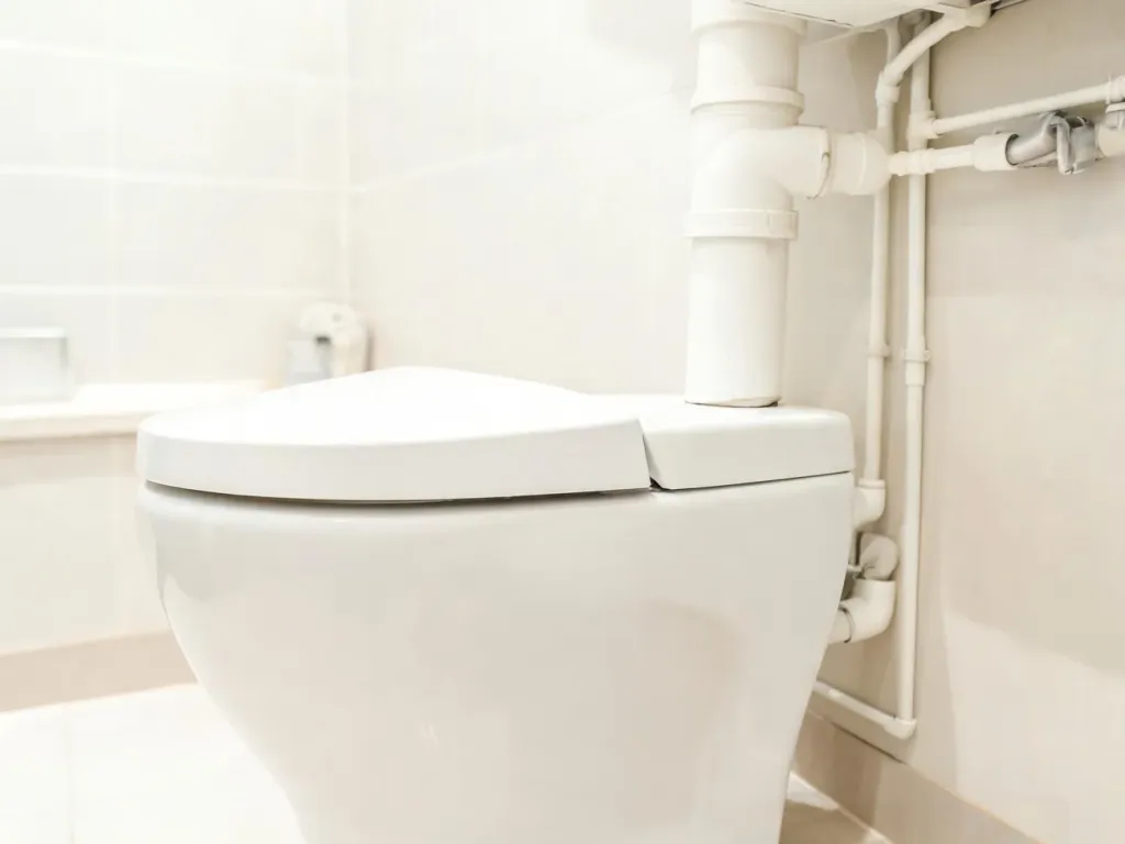 Nowoczesna miska WC z widocznym podłączeniem rury odpowietrzającej i prostą instalacją na ścianie