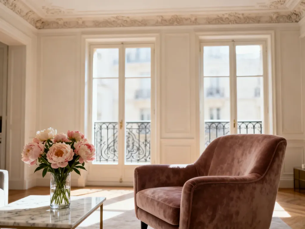 Elegancki salon w stylu francuskim z aksamitnym fotelem, marmurowym stolikiem i wysokimi oknami z dekoracyjnymi sztukateriami.