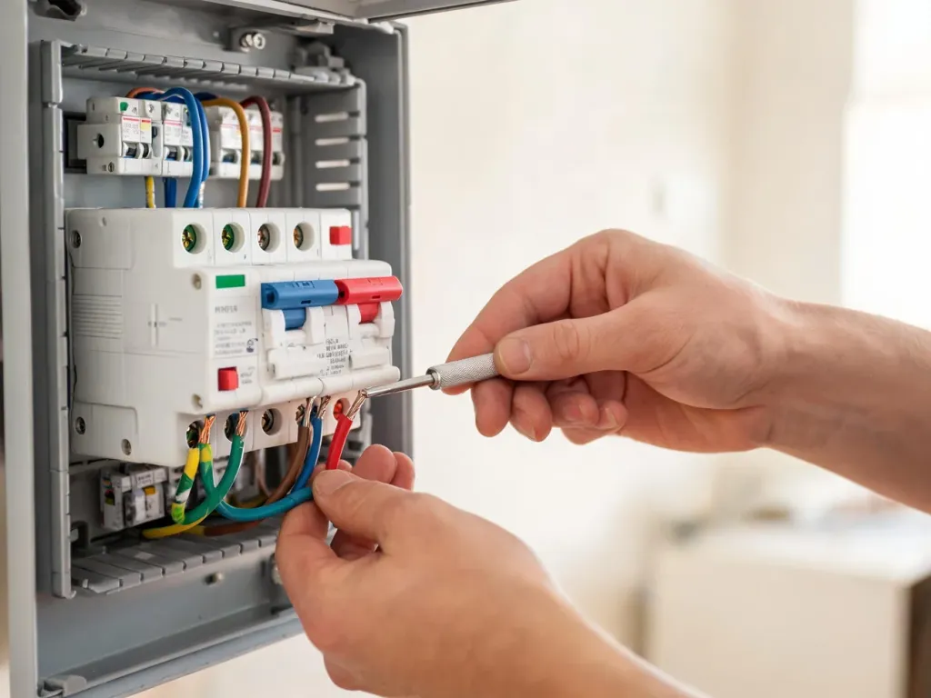 Elektryk podłącza kolorowe przewody do wyłącznika różnicowoprądowego w rozdzielnicy, pokazując prawidłowe okablowanie.