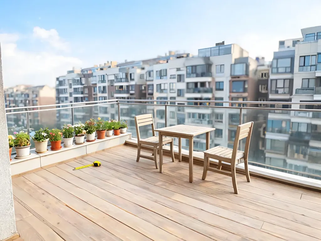 Mały prostokątny balkon w bloku z meblami i roślinami, na podłodze miarka ilustrująca standardowe wymiary balkonu