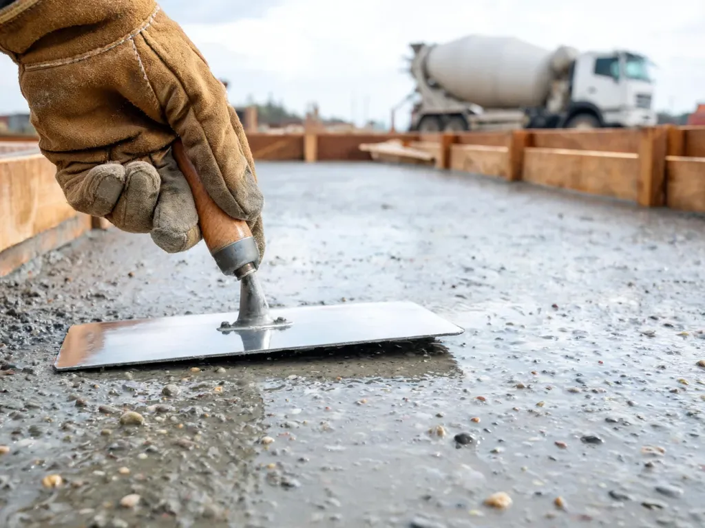 Ręka pracownika wyrównuje świeży beton pacą na budowie, w tle rozmyta zbrojenie i betoniarka na placu construction