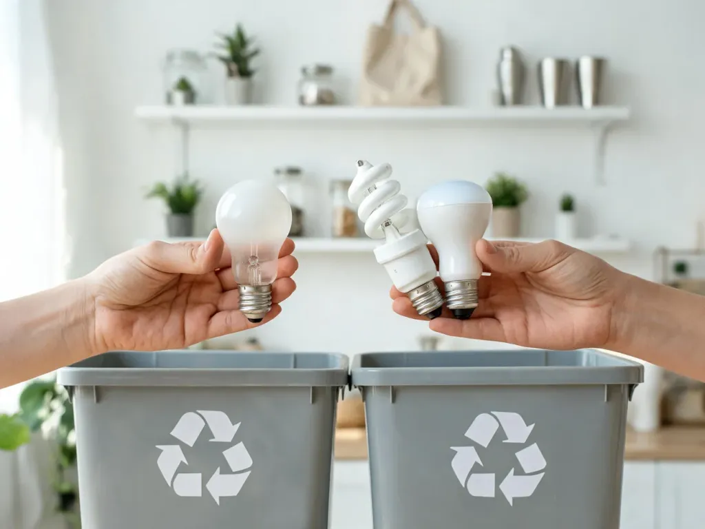 Dłonie trzymają zużyte żarówki nad pojemnikami do recyklingu, ilustrując zasady segregacji oświetlenia.