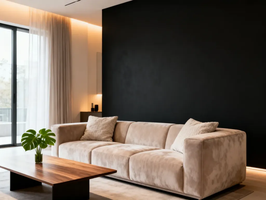 Nowoczesny salon z czarną ścianą akcentową, jasną welurową kanapą i minimalistycznym wystrojem w przytulnym stylu.
